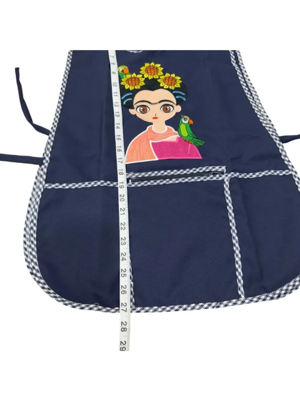 Apron Women One Size Navy Frida-Inspired Print Front Pockets Checkered Trim NWOT